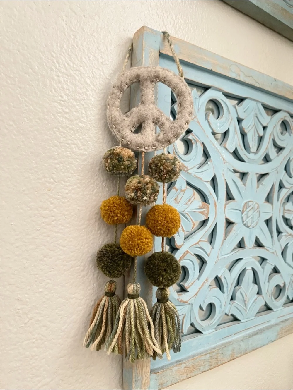 Handcrafted Peace Sign Pom-Pom Wall Hanging in Mustard and Olive